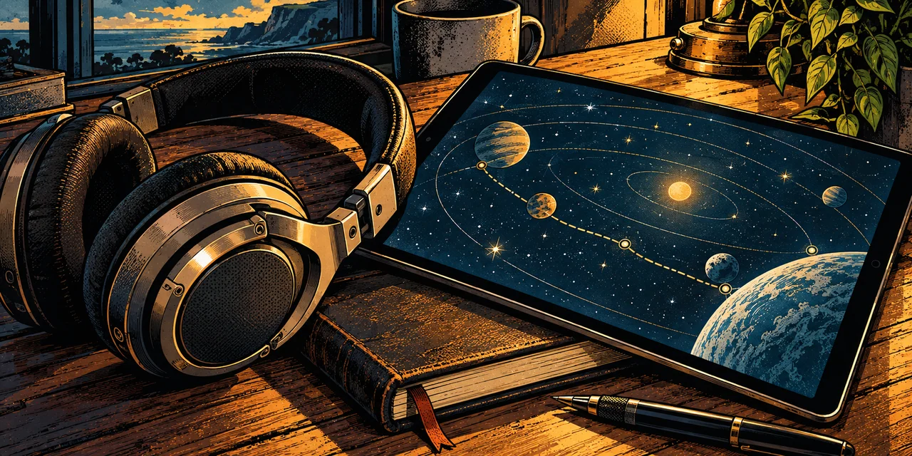 Headphones and a fictional star-navigation display beside an open flight log.