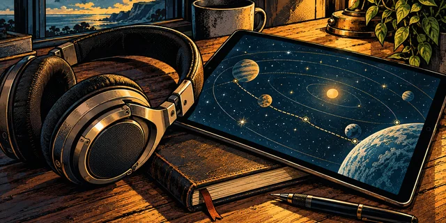 Headphones and a fictional star-navigation display beside an open flight log.