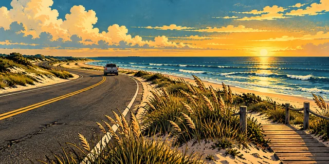 A quiet Gulf coast road with dunes, a boardwalk and a small pickup in the distance.