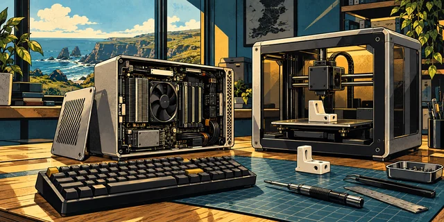 A workstation, premium keyboard and 3D printer sharing an illustrated workbench.