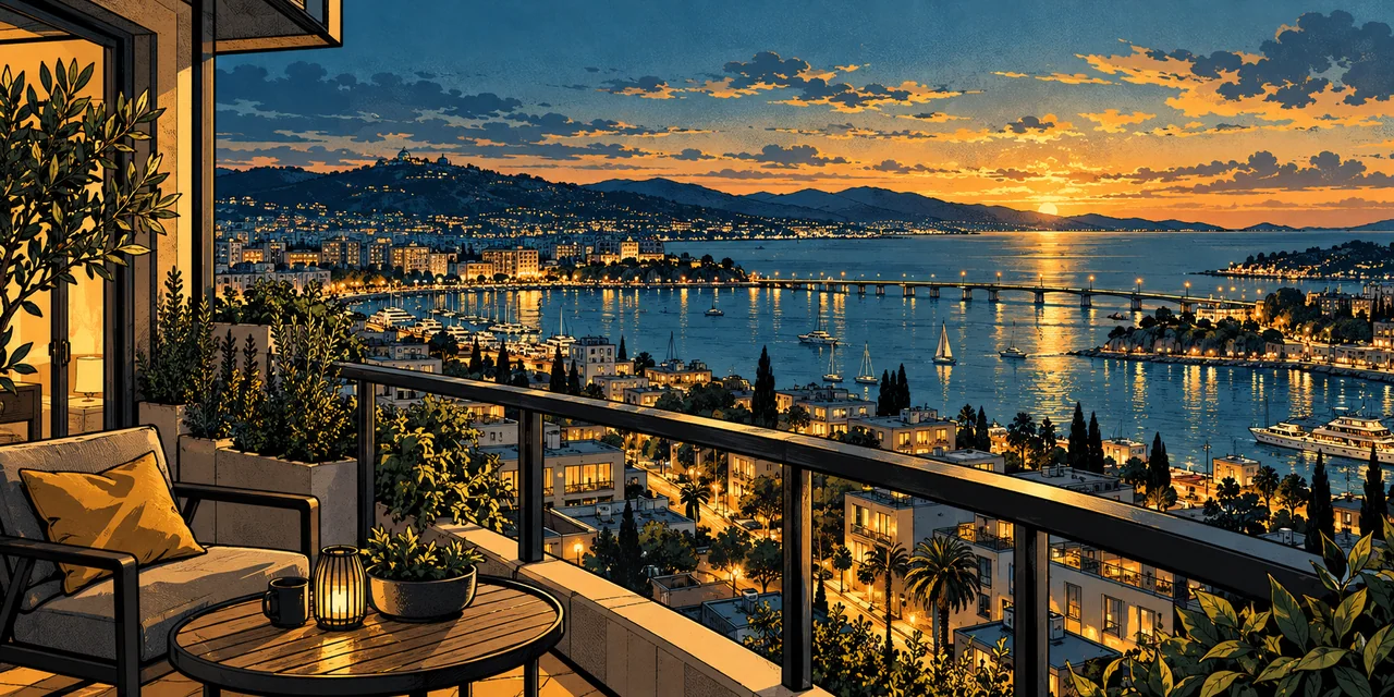 An imagined coastal city connected by illuminated streets and bridges at evening.