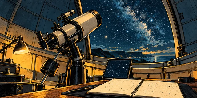 A telescope, star map and observation notebook in an illustrated rooftop observatory.
