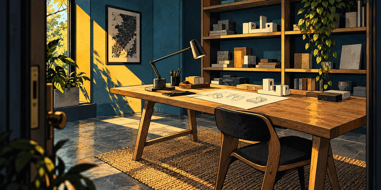 A carefully composed creative studio with warm wood, task lighting and human-scale proportions.