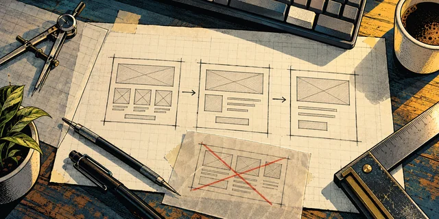 Three wireframe stages, a crossed-out iteration, a compass and a carpenter square.