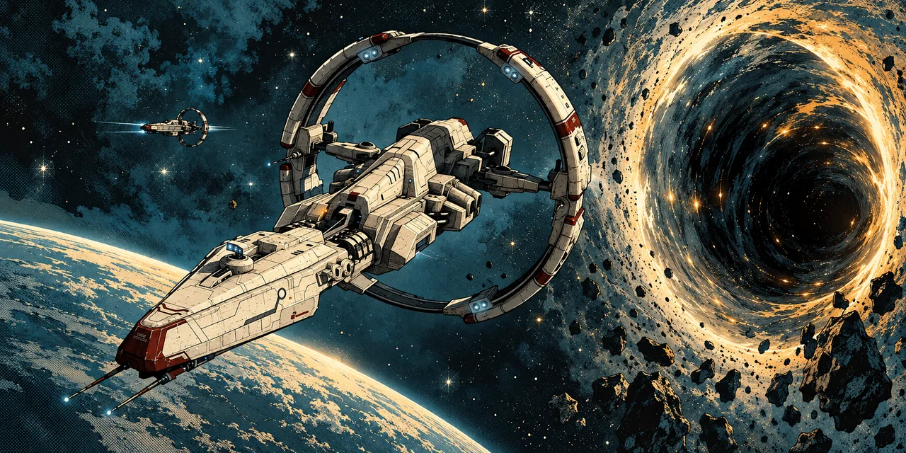 An illustrated EVE Online Stratios cruiser and distant wingmate beside a gravitational wormhole.
