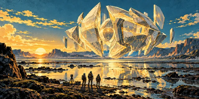 A science expedition encountering a vast floating artifact on a remote world.