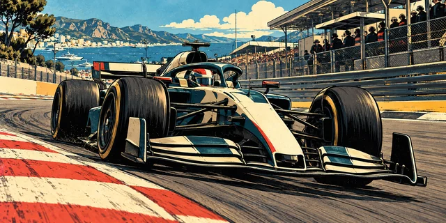 An illustrated open-wheel racing car taking a corner on a sunlit circuit.