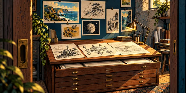 A half-open door reveals a warm print archive with ink illustrations, graphite studies and a walnut flat-file drawer.