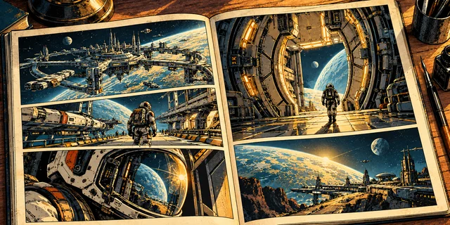 An open graphic novel carrying an original space adventure across several illustrated panels.
