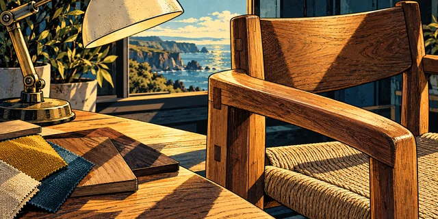 A study of well-made objects, a task lamp, chair details, wood joinery and material samples.