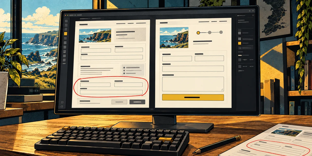 A desktop design review comparing a repetitive interface with a clearer, shorter version of the same form.