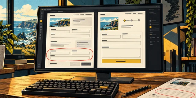 A desktop design review comparing a repetitive interface with a clearer, shorter version of the same form.