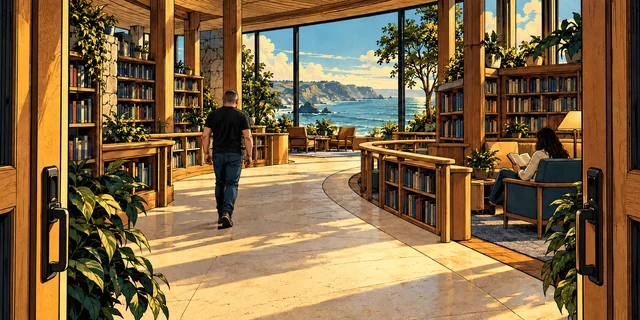 Jason, in a black T-shirt with an even crew cut, walking through a sunlit coastal library toward the ocean.