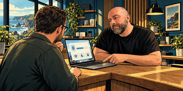 Jason helping a customer with one laptop at an imagined technology support counter.