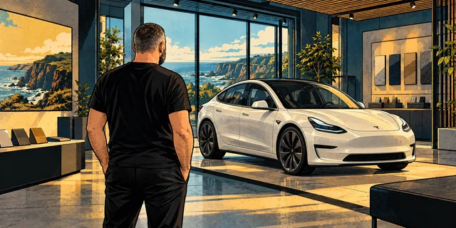 Jason, with an even crew cut, viewed from behind in an imagined gallery displaying a white Tesla Model 3.
