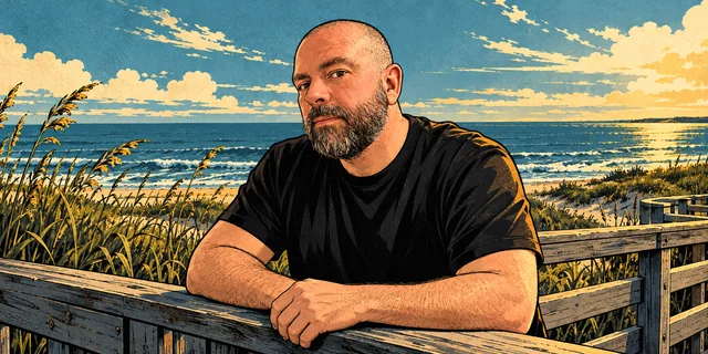 Jason Coldham illustrated in black ink, leaning on a coastal boardwalk rail.