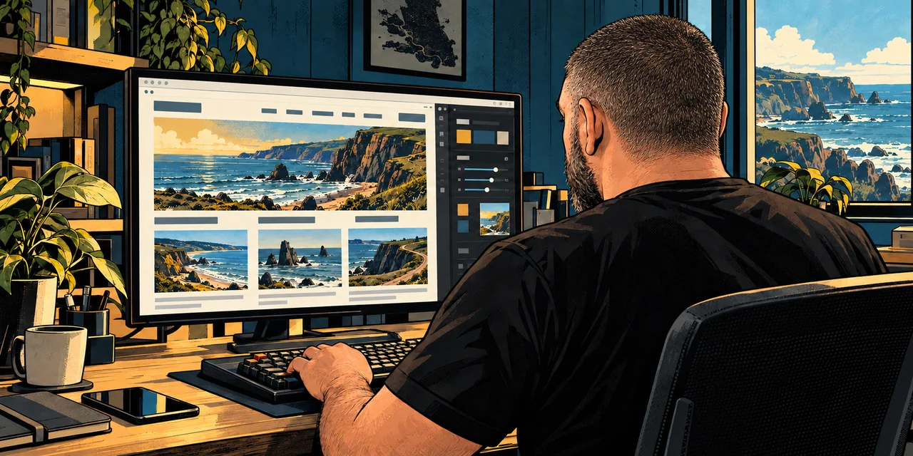 Jason with an even short crew cut, viewed over his shoulder designing a coastal business website on one monitor.