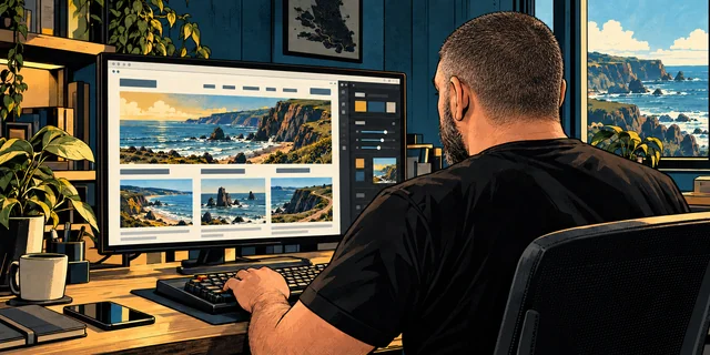 Jason with an even short crew cut, viewed over his shoulder designing a coastal business website on one monitor.