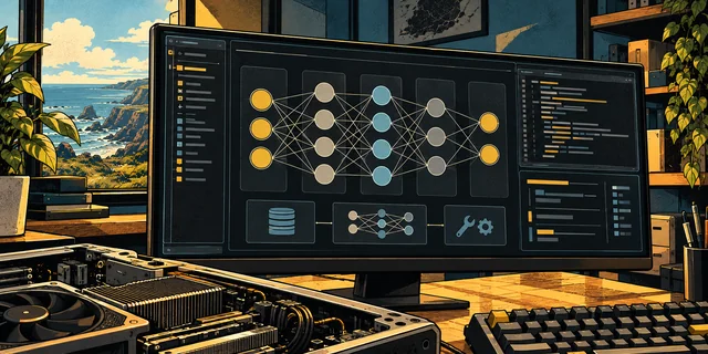 A local AI workstation displaying a layered neural network beside computer hardware.