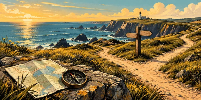 A fork in a coastal path, a blank direction post and a lighthouse in the distance.