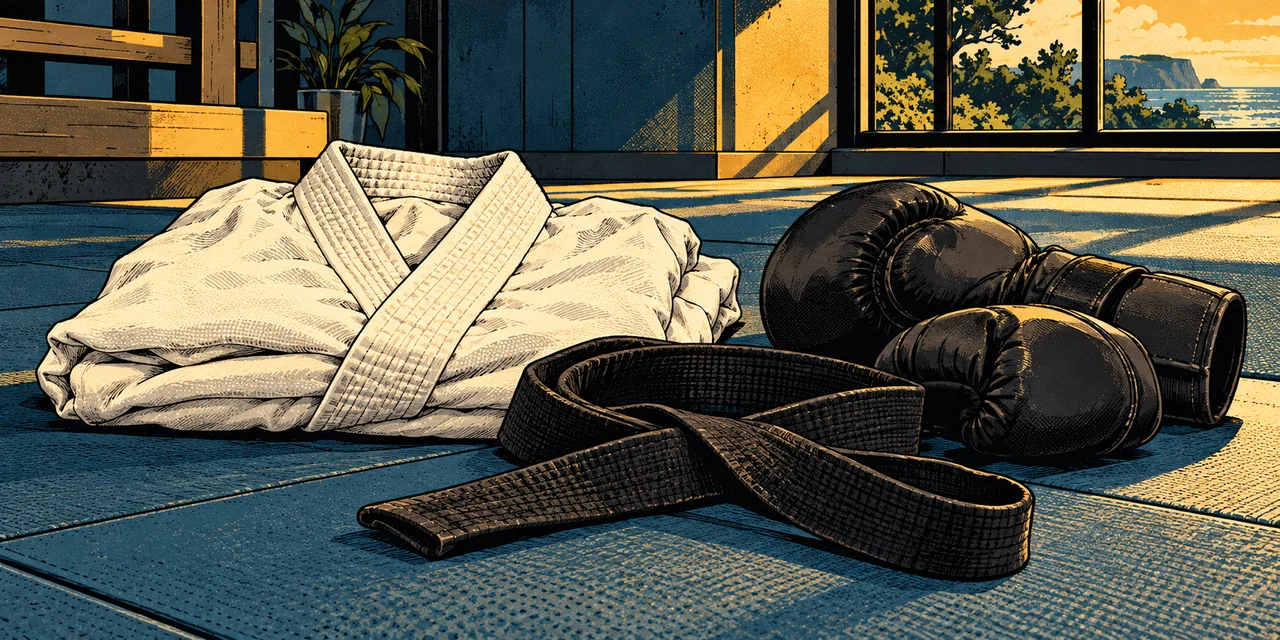Folded training clothes, a worn plain belt and gloves on a training mat.
