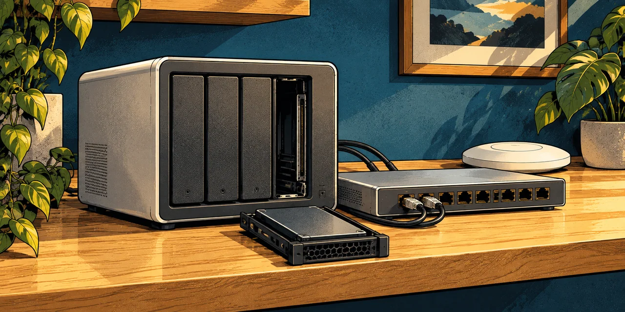 A modern compact NAS, SSD tray and neatly connected aluminum network switch.