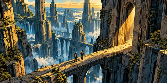 Explorers moving through immense alien ruins toward a sunlit portal.