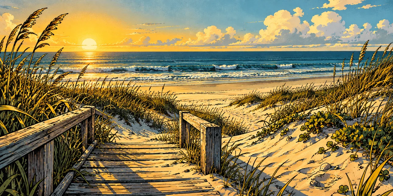 A wooden path through Gulf dunes and sea oats toward an open beach.