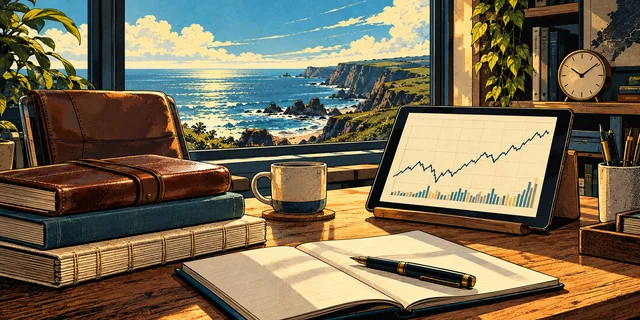 A considered workspace with books, an analog clock and an unlabelled financial chart.