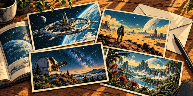 Original space-art postcards, a book and an envelope arranged as an invitation to share a recommendation.