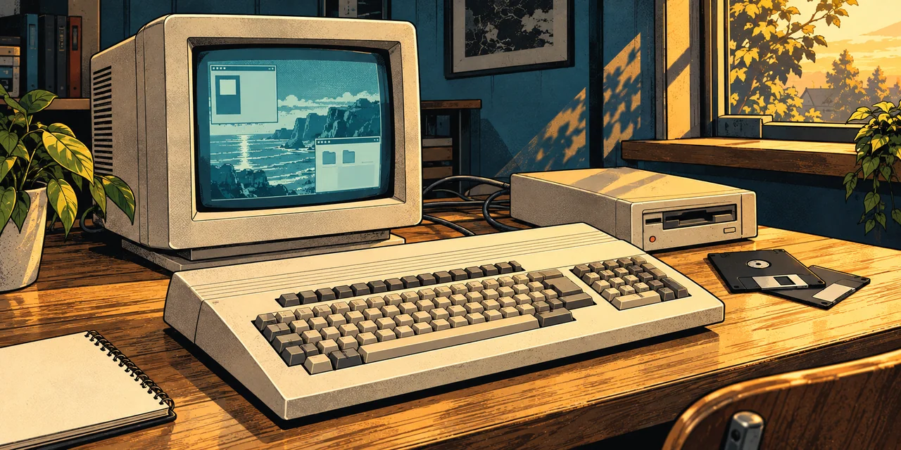 A vintage home-computing desk with a keyboard computer, CRT display and floppy disks.