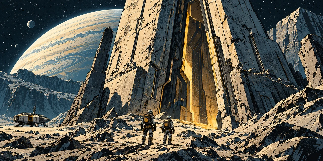 Two explorers approaching an immense angular gateway on an unfamiliar moon.