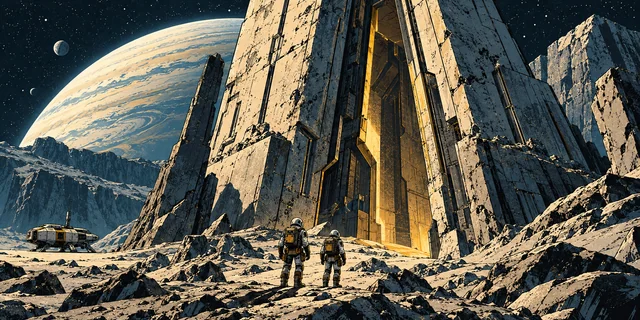 Two explorers approaching an immense angular gateway on an unfamiliar moon.