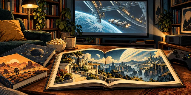 An imagined screening and reading nook with illustrated science-fiction books and an original space scene on screen.