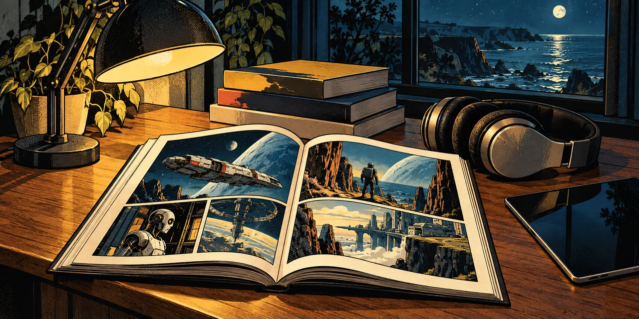 Science-fiction books, a graphic novel, tablet and headphones in a quiet reading corner.