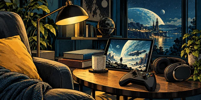 An imagined reading corner with books, headphones, a science-fiction tablet scene and Xbox controller.