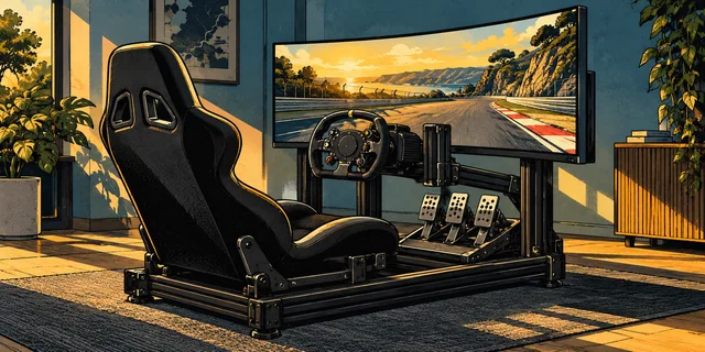 A simulator cockpit with a direct-drive wheel, pedals, bucket seat and curved track display.