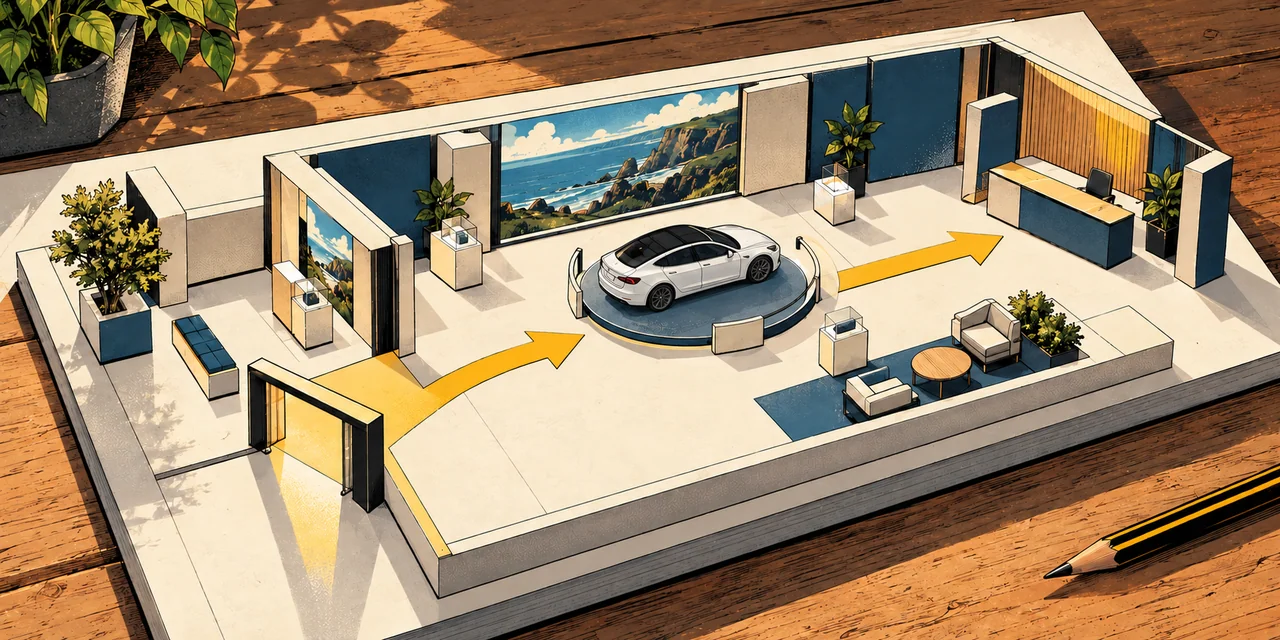 A scale model of a technology gallery, with a white Tesla Model 3 sedan, clear paths and a customer support counter.