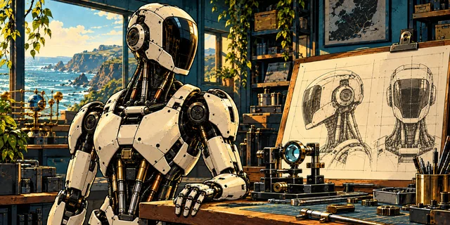 A white mechanical research robot with a dark visor, standing beside its matching engineering sketch with one hand on a workbench.