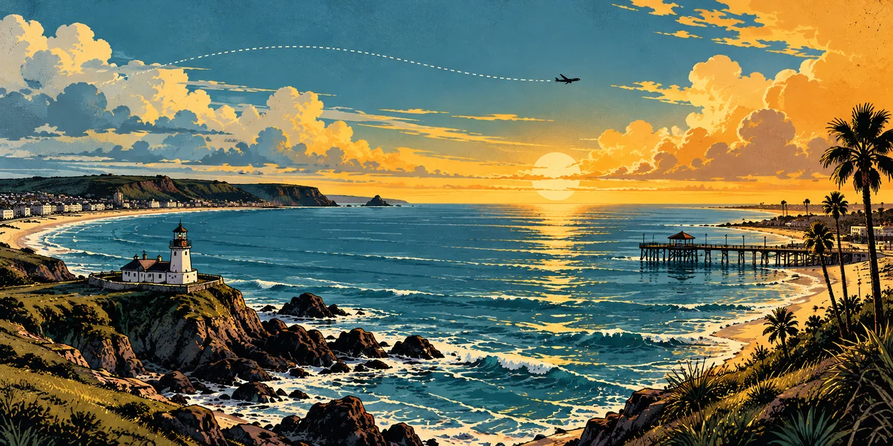 An illustrated Welsh bay and lighthouse joined to a Texas coastal pier.