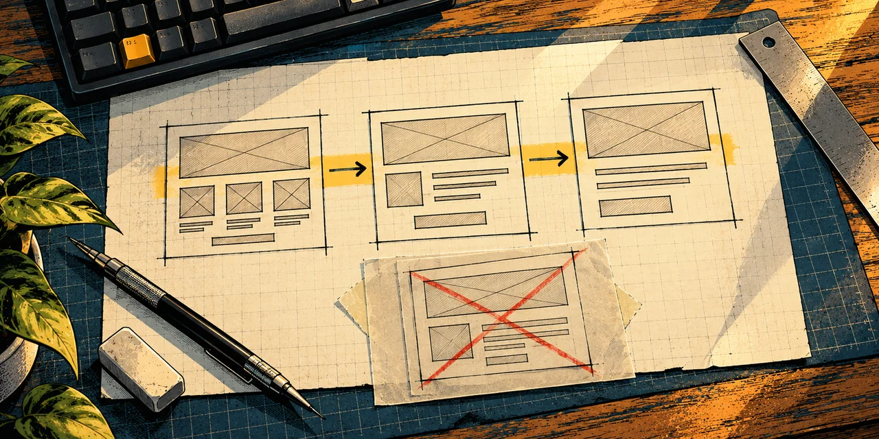Three paper interface states connected by a highlighted route, with an unnecessary step crossed out.