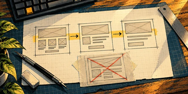 Three paper interface states connected by a highlighted route, with an unnecessary step crossed out.