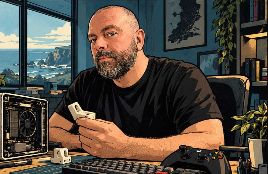 Jason Coldham at his workbench, holding a printed part beside a computer and Xbox controller.